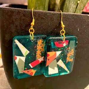 XMAS Handmade Festive Medium Holiday Earrings Green Rectangle